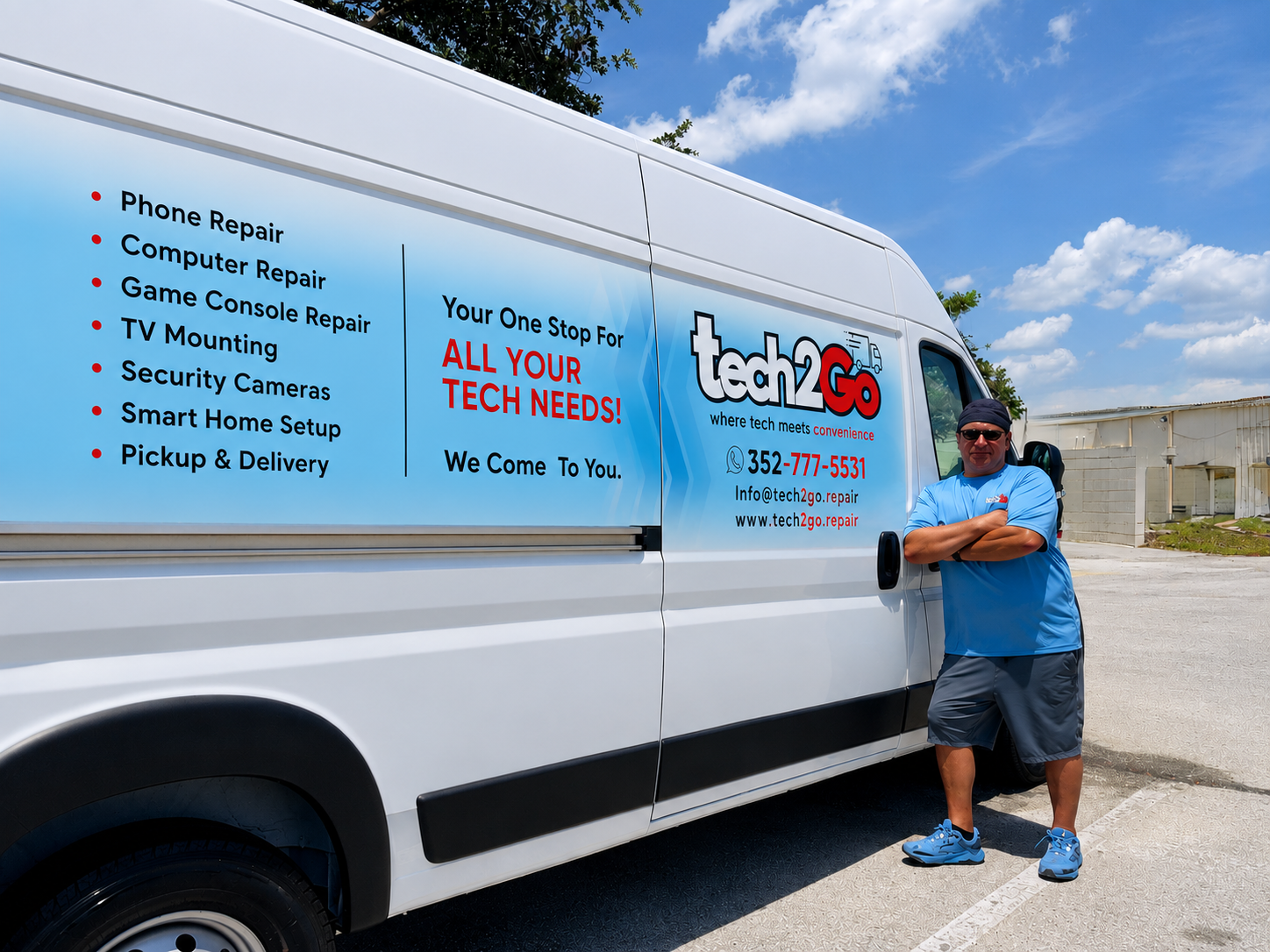 Tech2Go service van with device repair branding in Lake County, Florida