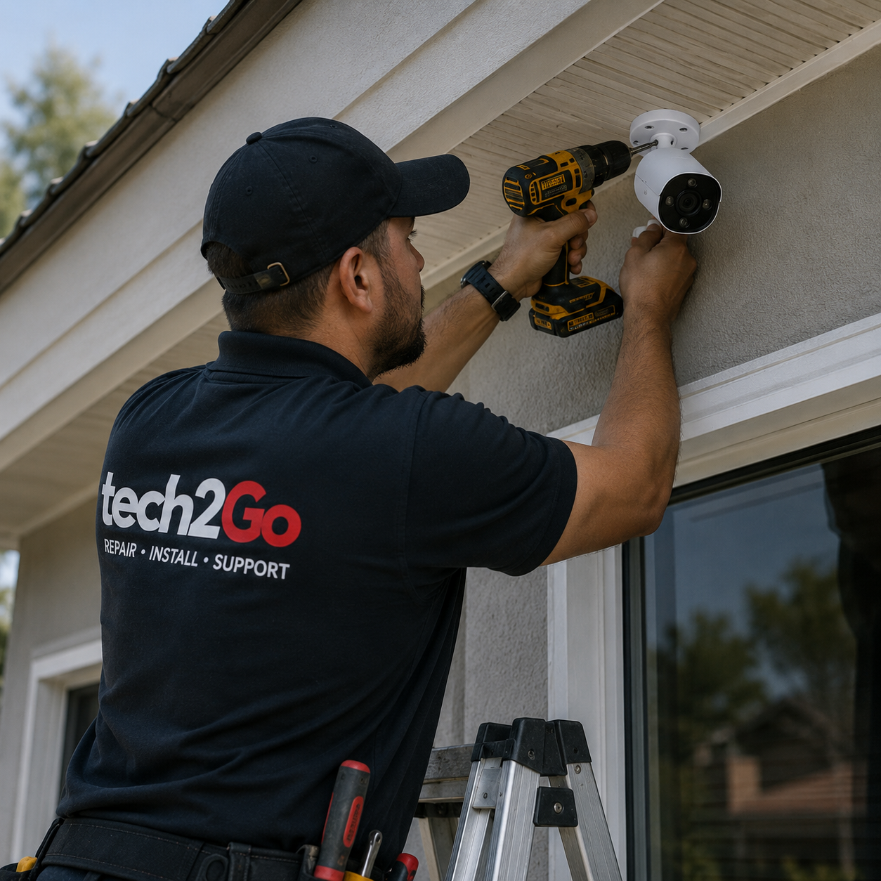 Technician installing an outdoor security camera under a home roofline