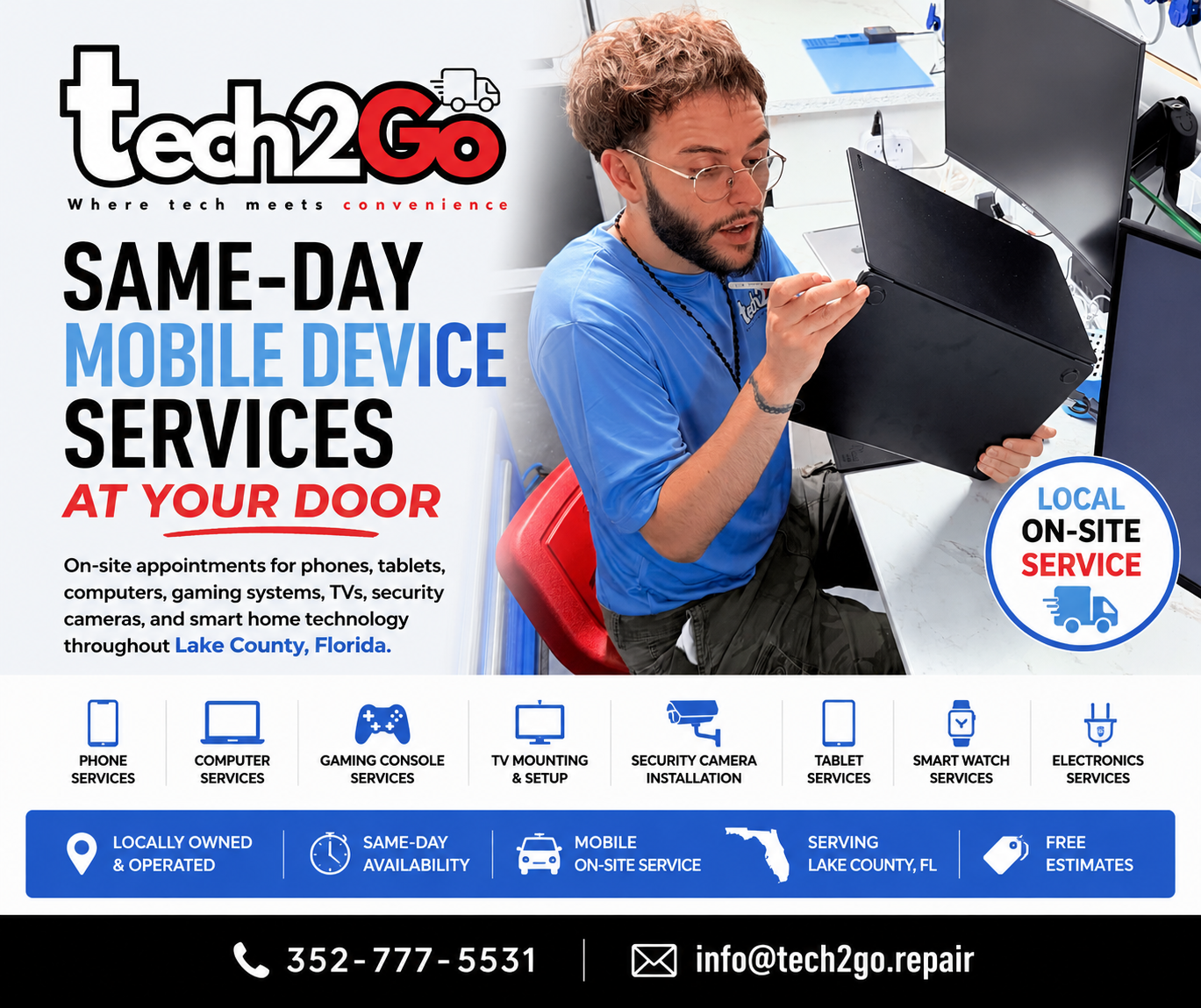 Tech2Go technician providing on-site device services in Lake County, FL