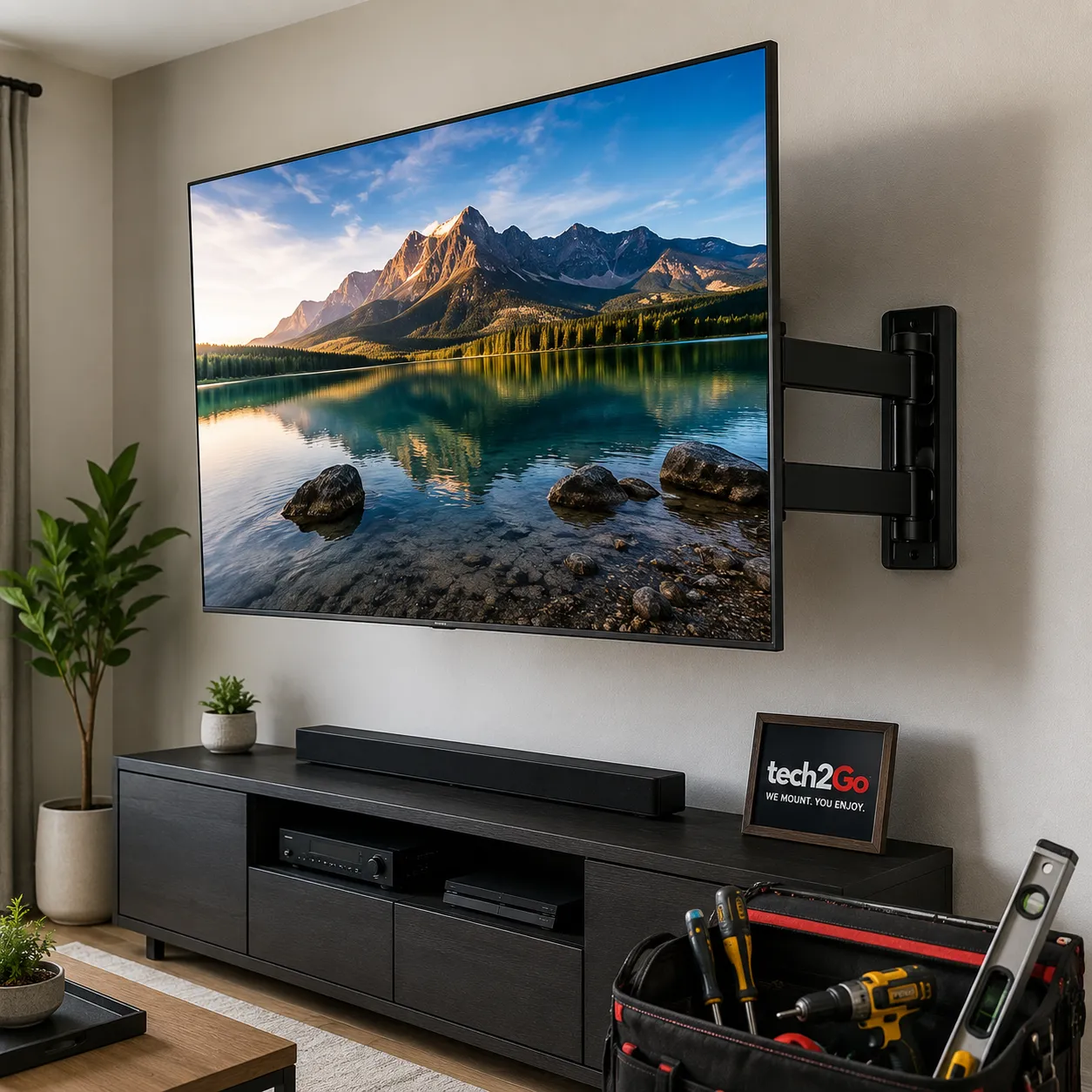 Wall-mounted television in a living room